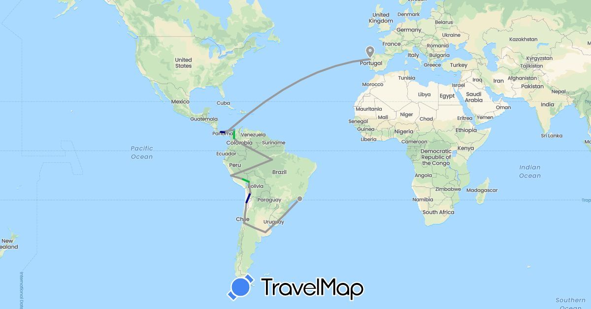 TravelMap itinerary: driving, bus, plane, boat in Argentina, Bolivia, Brazil, Chile, Colombia, Panama, Peru, Portugal (Europe, North America, South America)